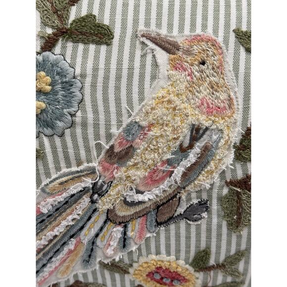Rectangle Embroidered throw pillow beading striped floral Bird 14 X 22 Cottage - Picture 3 of 10